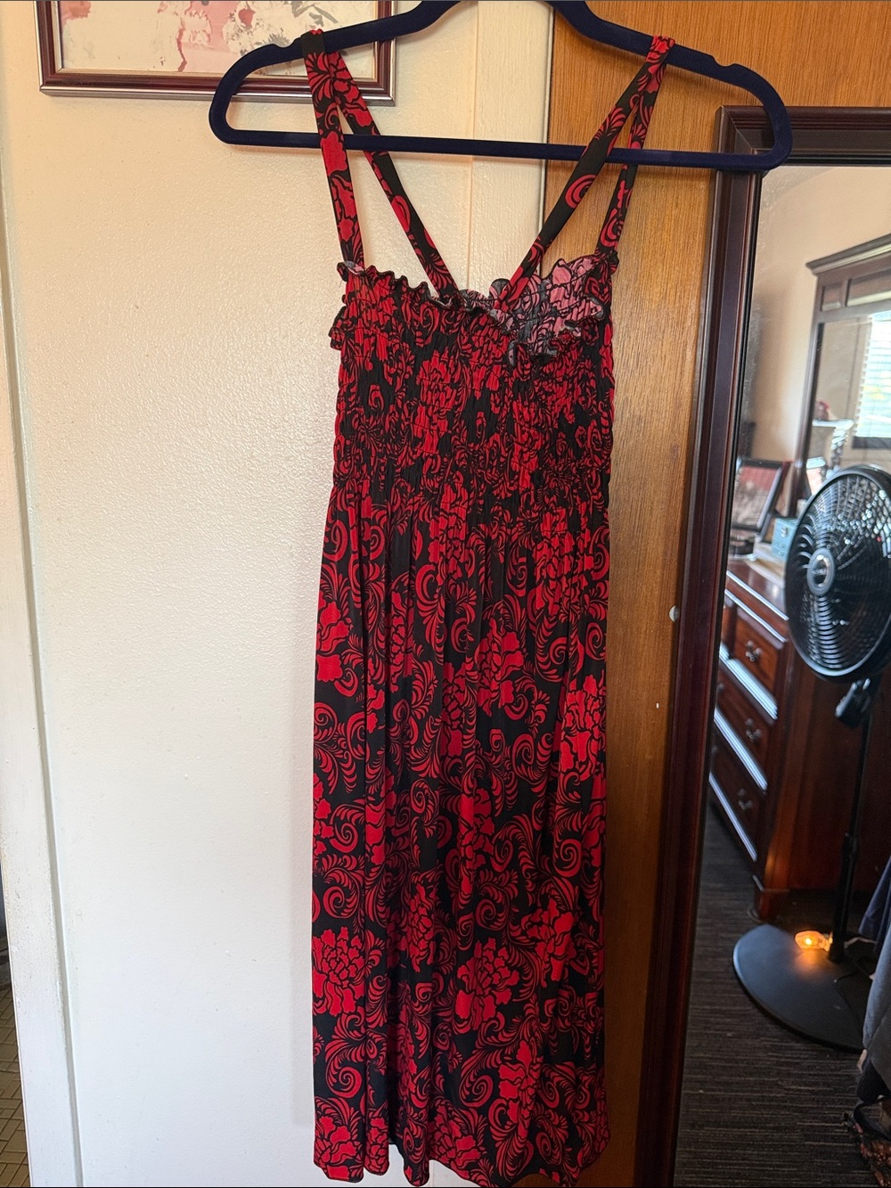 Red Floral Maxi Sundress with Smocked Bodice